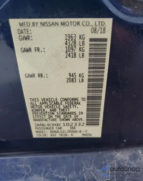 2019 Nissan Altima Sr from USA, damaged, VIN 1N4BL4CVXKC102332